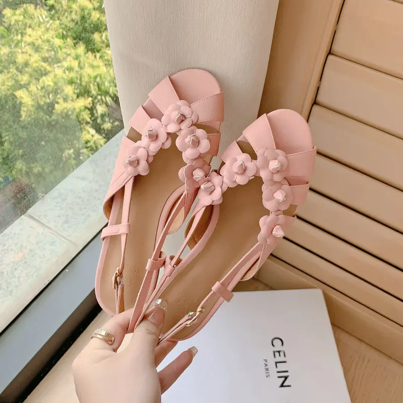 Genuine Real Leather Bohemian Hawaii Beach Flats Shoes With Flowers Pink Gold Slingbacks Holiday Vocation Women Designer Sandals