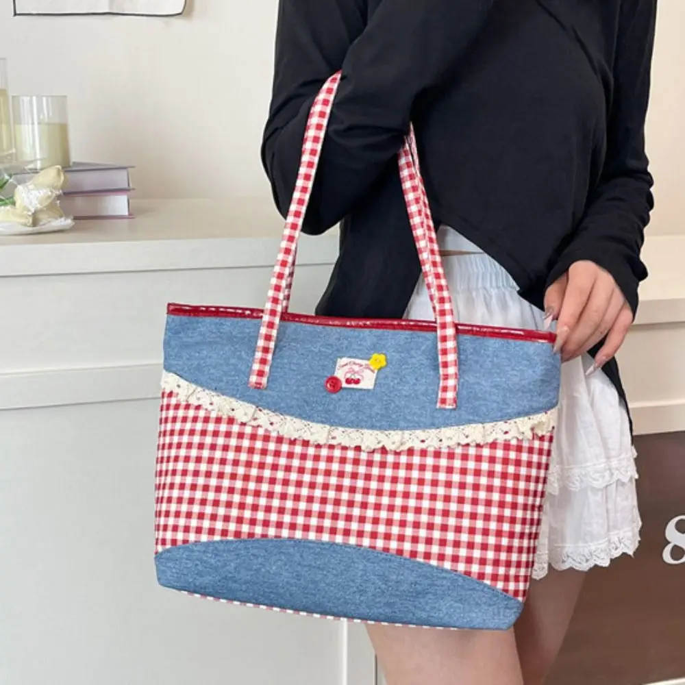 

Retro Lattice Lace Bow Shoulder Bag Lovely Rural Style Denim Plaid Handbag Vintage Leisure Commuting Tote Bag Students