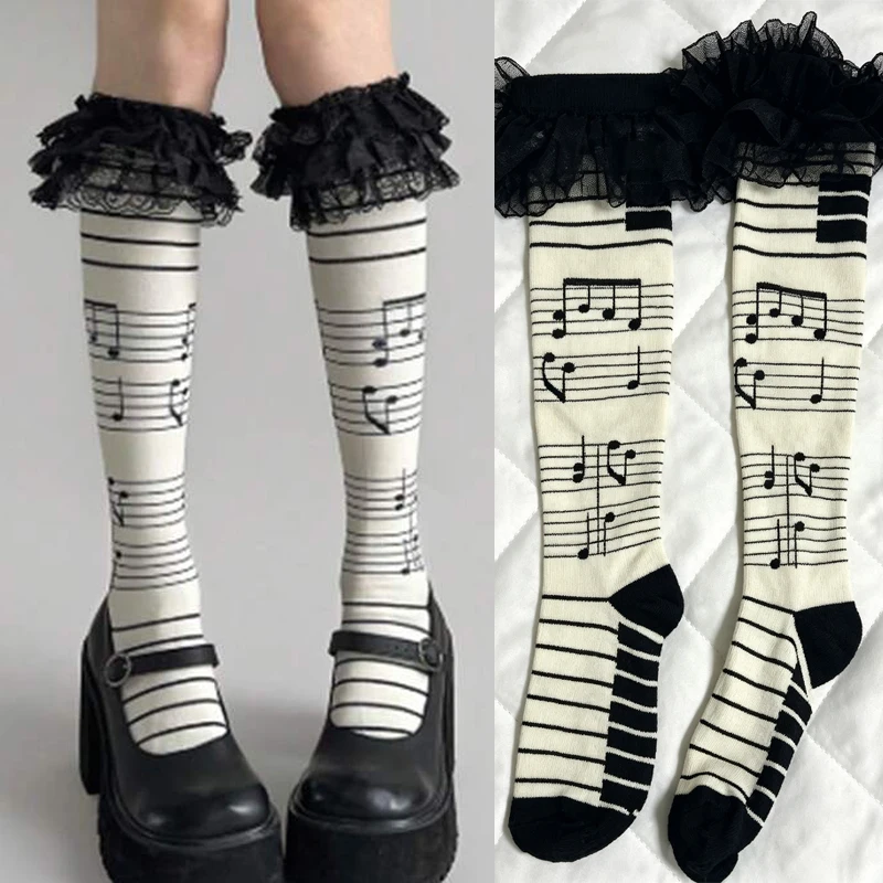 Japanese Y2K Girl Subculture Black Lace Ruffle Long Socks Music Note Tiered Lolita Vintage Stockings Gothic Mid-Calf Stocking