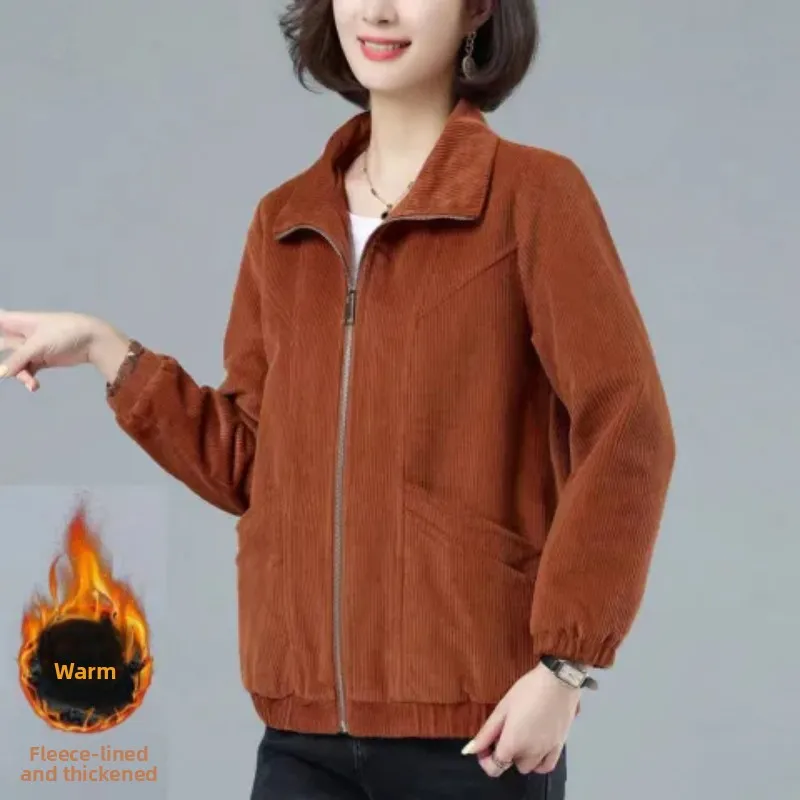 

Women's Corduroy Jacket plus Size Loose Thickened Fleece Cotton Clothes Long Sleeve Turn-down Collar Regular Length Polyester...