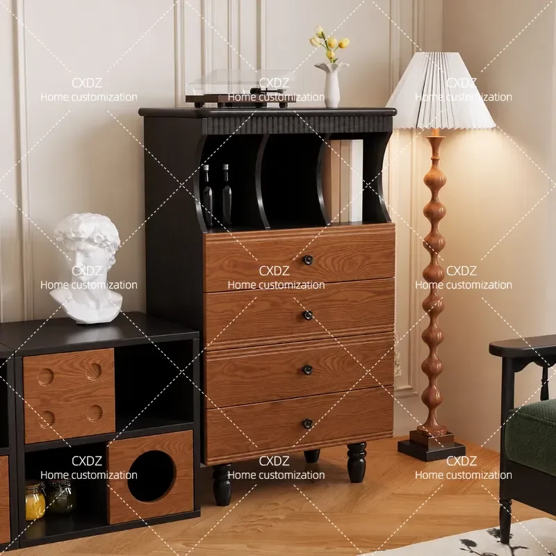 Medieval Solid Wood Four Drawer Cabinet Retro Dining Sideboard Bedroom Wall Storage Unit Living Room Entrance Console Chest