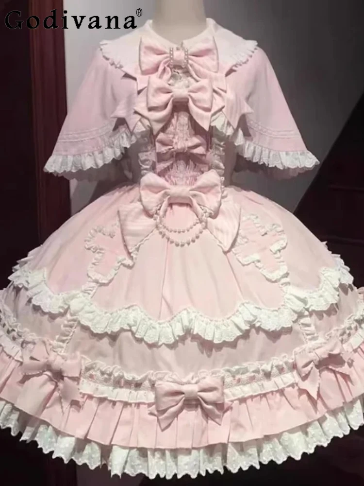 

New Pink Sweet High Waist A-line Age-reducing Fashion Fairy Jsk Lolita Dress Cute Girl Slash Neck Princess Dresses Sets Cloak