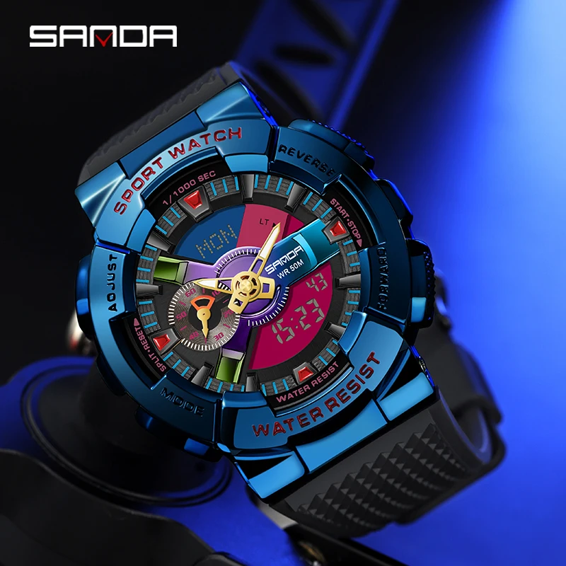 Fashion Sanda Men Military Sport Dual Display Electronic Watch 50m Waterproof Shock Top Luxury Clock Digital Wristwatch 9004