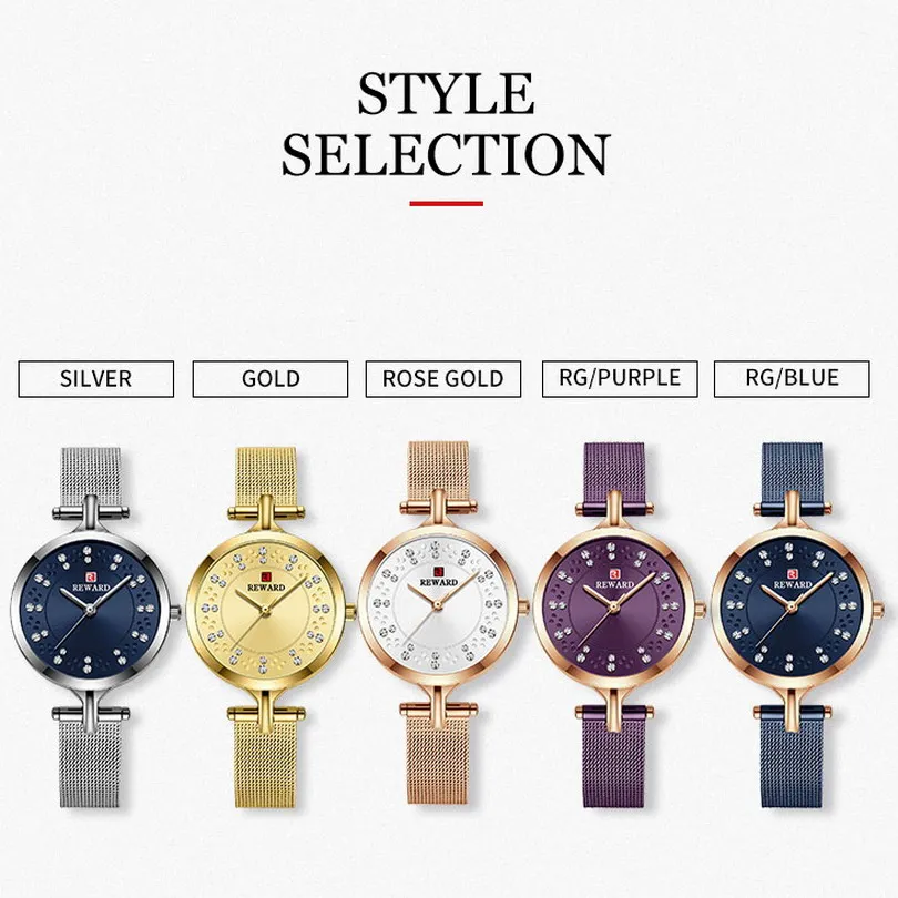 New REWARD Women Wristwatch Luxury Fashion Quartz Watch Timepiece Waterproof Stainless Steel Wrist Watch for Female Ladies Girls