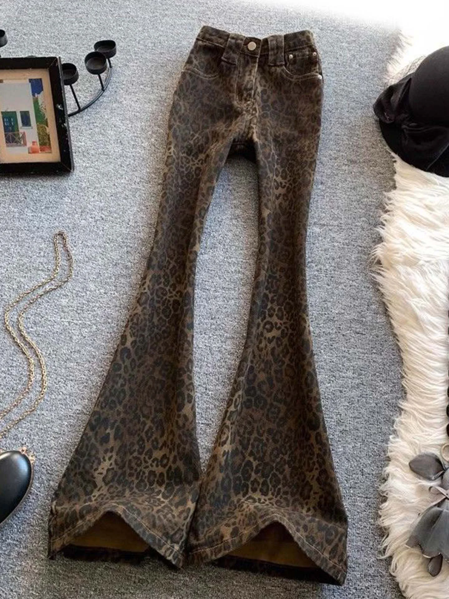 

High Waist Bell Bot Denim Jeans Women's Slim Fit Elastic Leopard Print Cuffed Ankle Length Retro Spring Summer Denim