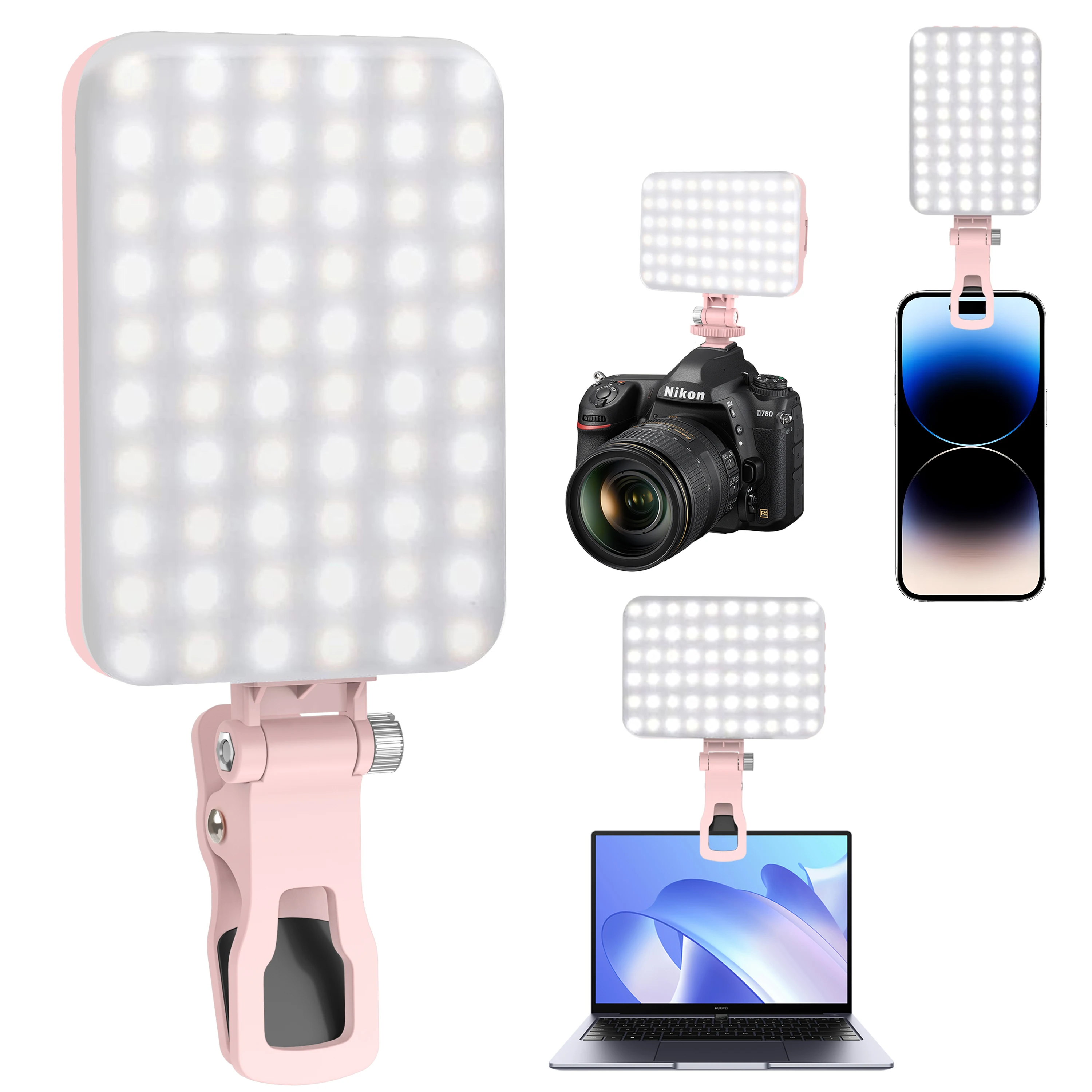 LED Selfie Light 60 High Power Rechargeable Clip Fill Video Light for Phone iPad with Front & Back Clip Adjusted 3 Light Modes