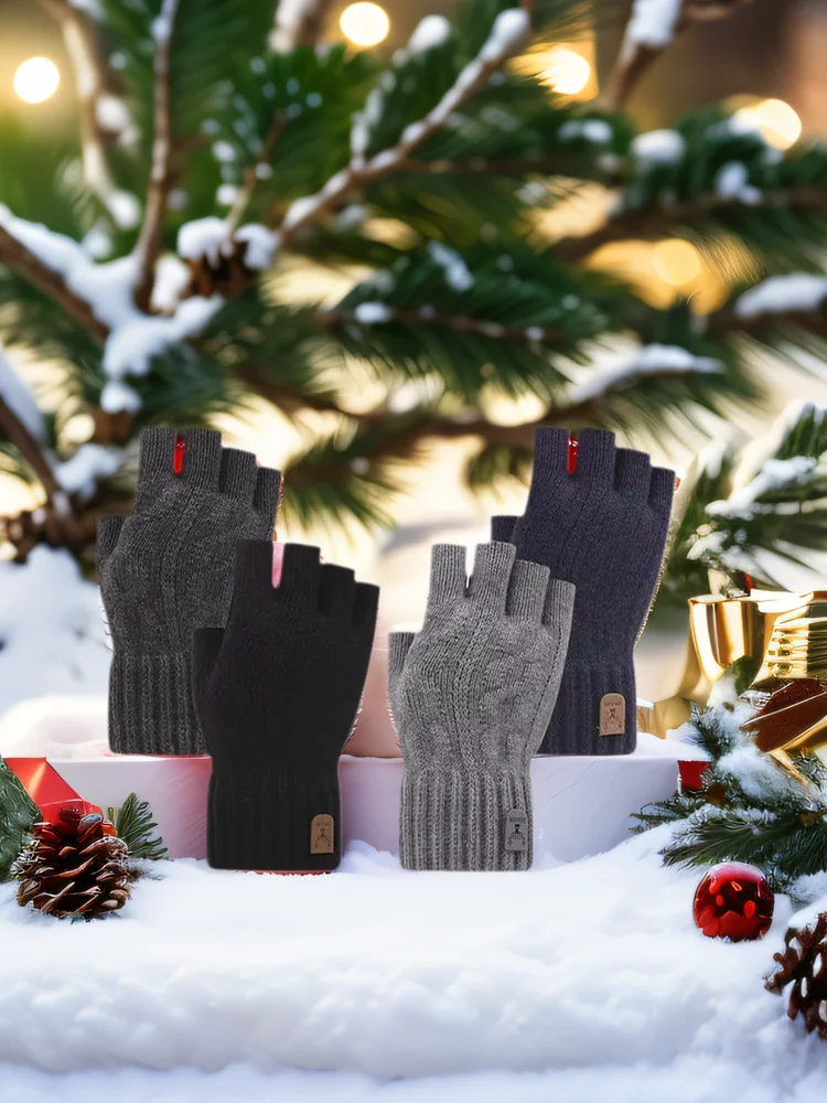 AliExpress UK Winter Gloves For Men Half Finger Knitted Alpaca Wool Warm Thick Elastic Writting Office Cycling Driving Gloves For Students
