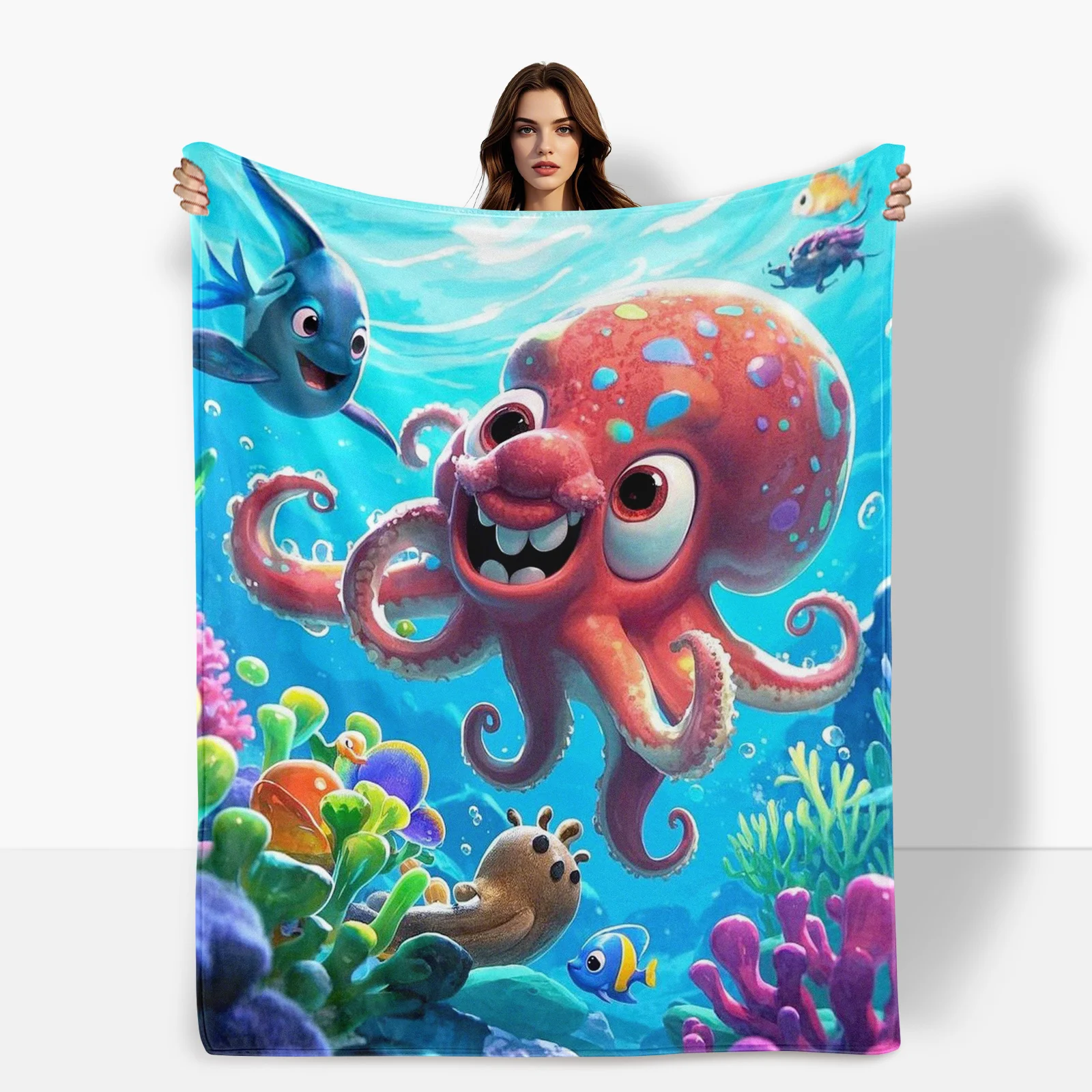 Vibrant Orange Red Octopus Underwater Blanket For Whimsical Ocean Themes And Playful Blue Sea Vibes In Home Decor