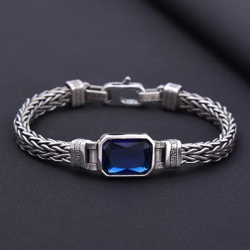 

Real Solid 925 Sterling Silver Chain Men Gift Blue Zircon Wheat Foxtail Braided Bracelet 38g/22cm