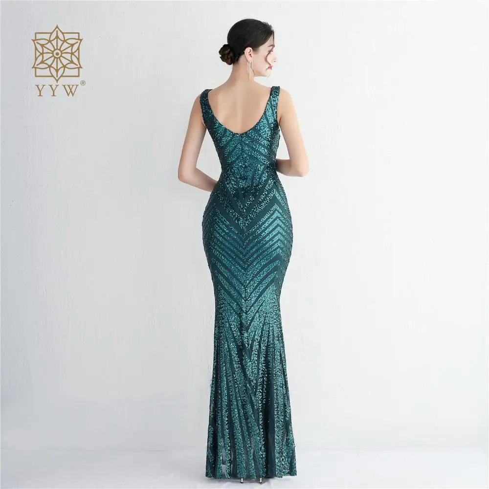 Glitter Stripes Long Evening Dress V Neck Sexy Elegant Sequin Occasion Dresses Mermaid Sleeveless Vestidos De Noche Night Gown