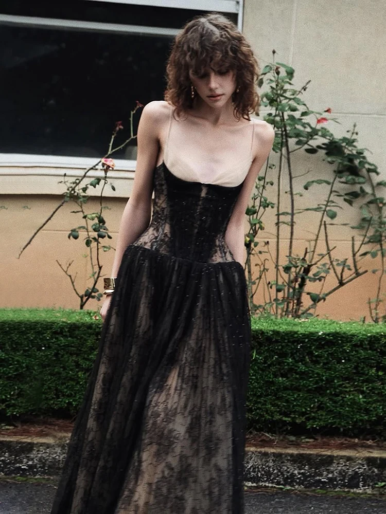 Estranho gato elegante vestido de festa à noite feminino sexy dupla camada jacquard malha retalhos baixo pescoço sem mangas tendência clube vestidos