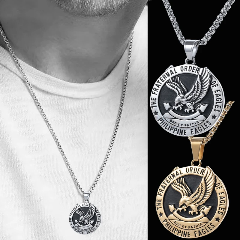 Trendy Philippine Eagles Pendant Necklace Stainless Steel Chain Gold Plated Charm Pendant Necklaces for Man Party Jewelry Gift