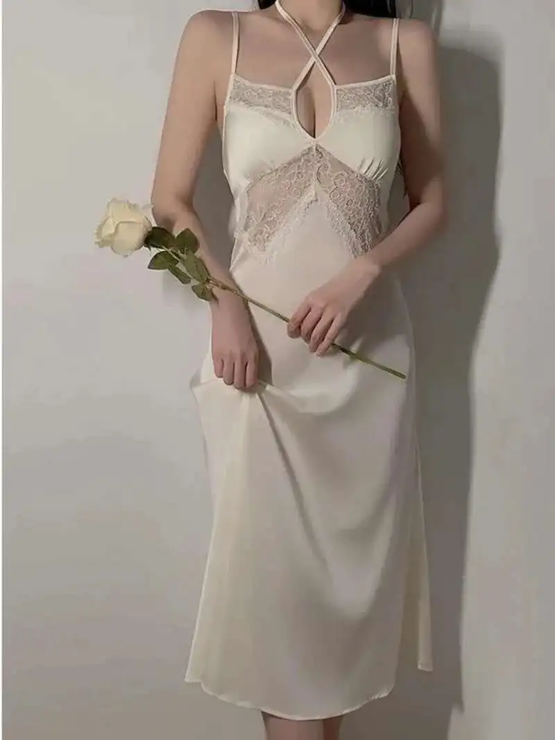 

Exotic Summer Fashion Women's Clothing Lace Pattern Splicing Solid Color Simple Silk Smooth Strap Waist Loose Elegant Dress MJPF