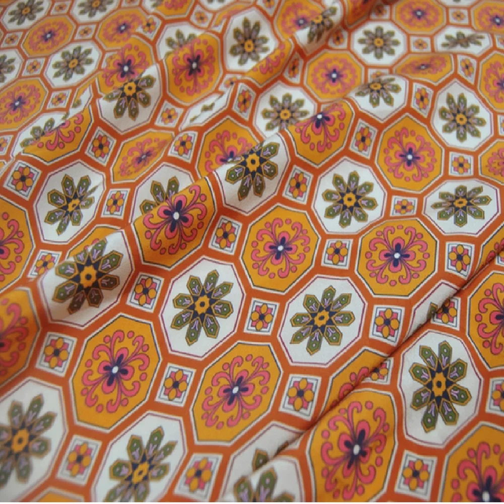 

Printed Orange Royal Vintage Stretch Silk Crepe De Chine CDC Fabric for Women Ethnic Summer Attractive Dress Clothes