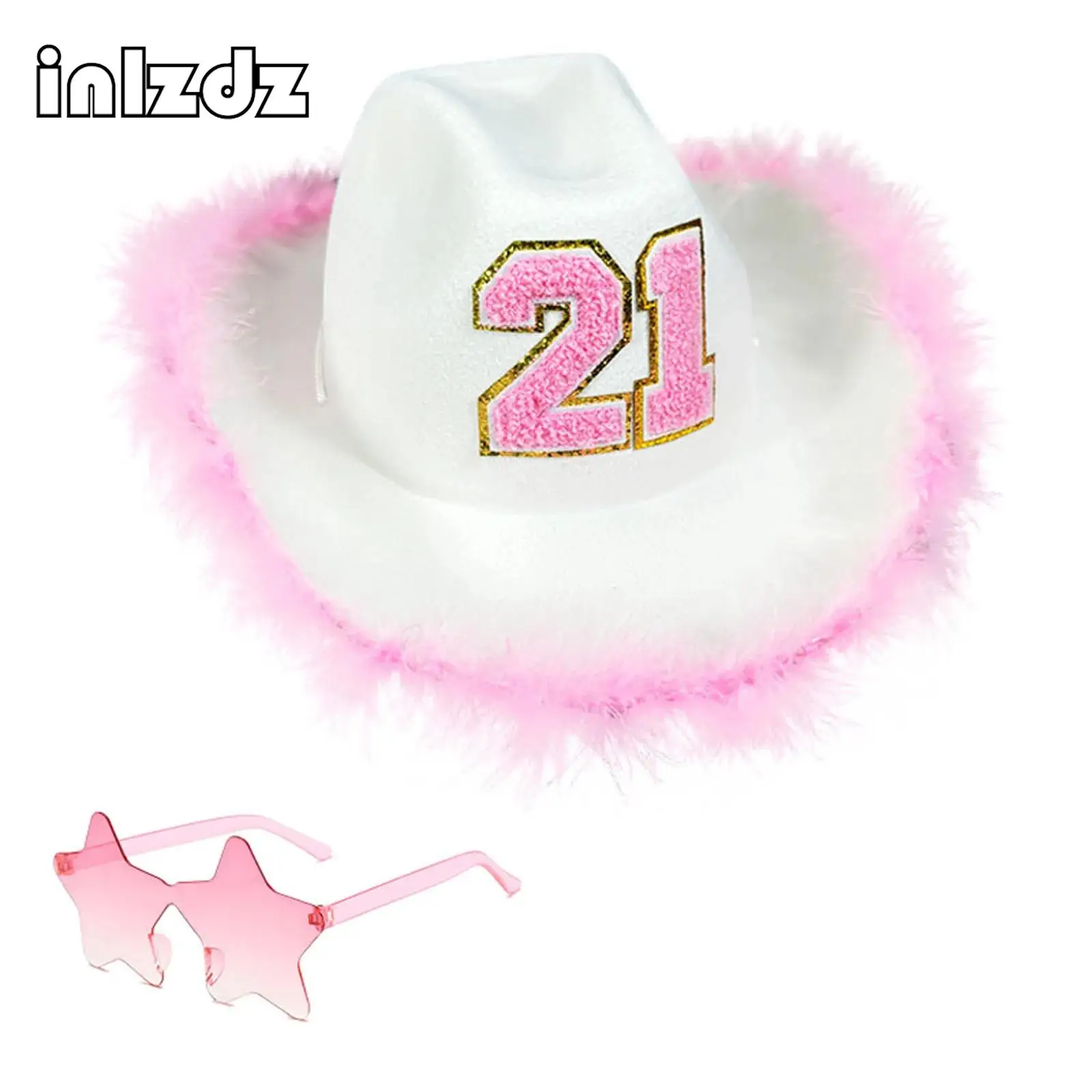 

2Pcs 21st Birthday Cowboy Hat And Star Glasses Set Women Cowgirl Hat with Wide Brim for Gifts Festival Cosplay Party Accessories