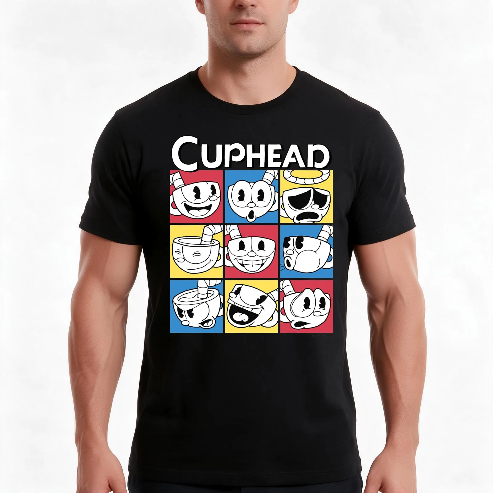 Cuphead Nine Squares of Different Emotions T-Shirt, Summer Casual Cotton Tee, Oversized Streetwear Tops, Vintage Graphic Print