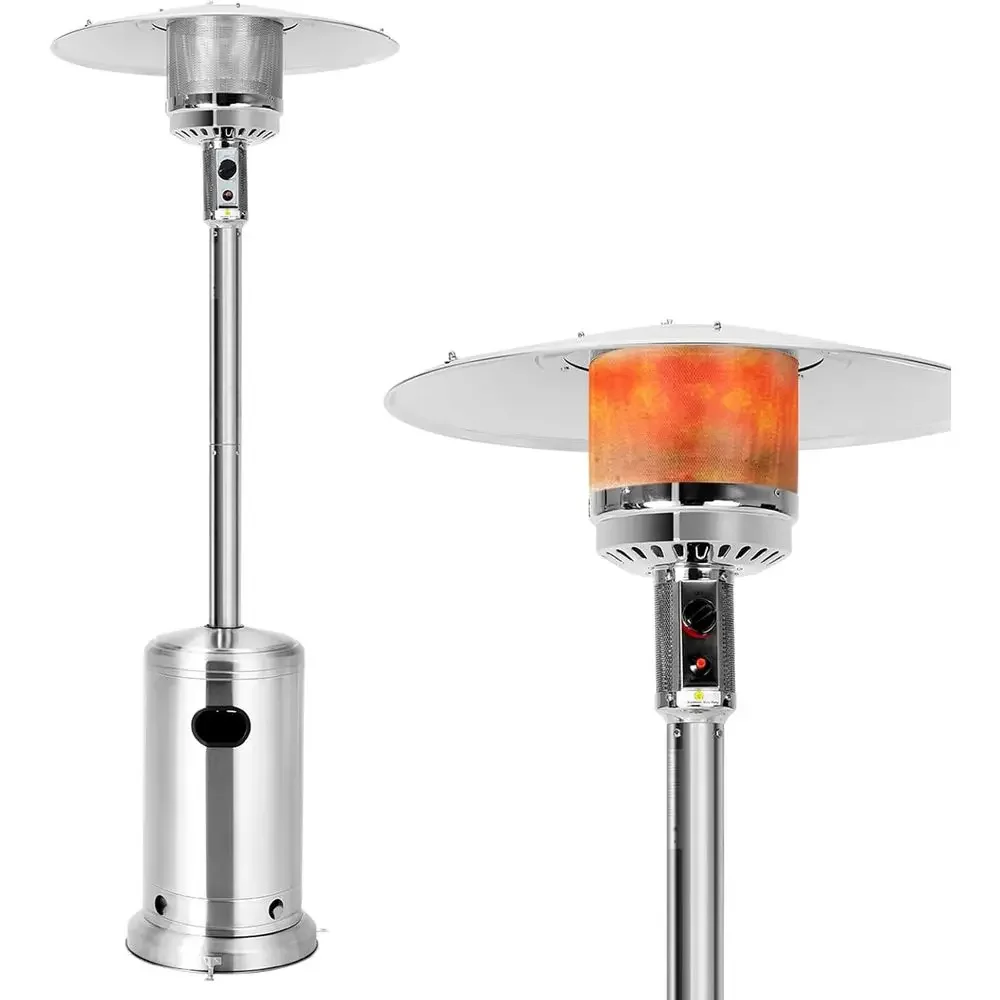 Portable 48,000 BTU Propane Patio Heater with Wheels, Reflective Cover, Triple Safety, Stainless Steel for Outdoor Spaces
