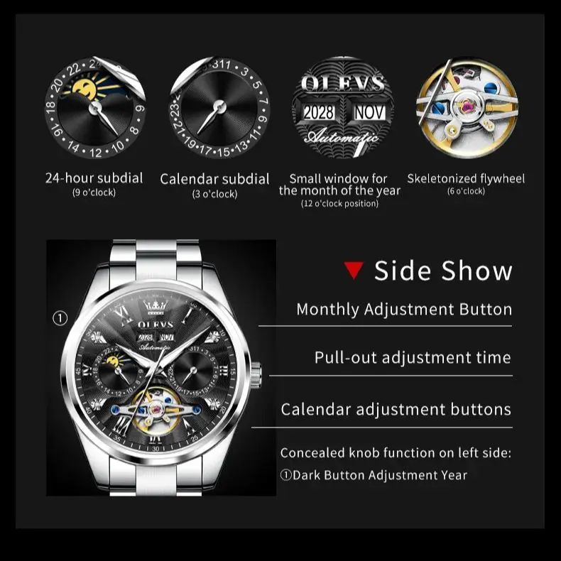 OLEVS 7028 Flywheel Skeleton Automatic Watch for Men Dual Calendar Waterproof Luminous High Quality Stainless steel Wristwatches