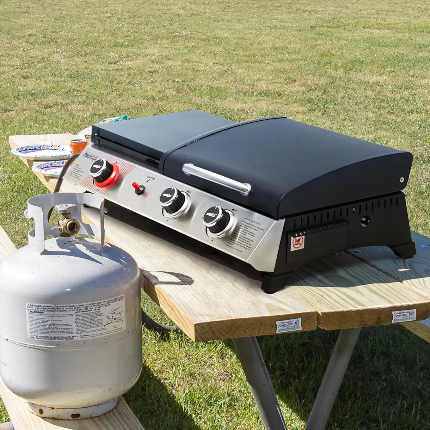 1305H 3-Burner Propane Gas Grill and Griddle Combo with Lid, 3-in-1 Grill Griddle Combo with 29,000 BTUs Output for Outdoor Cook