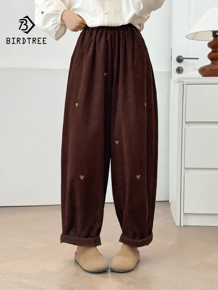 

New 2025 Winter Corduroy Bloomers Pants, Women Elastic Waist Bow Embroidery, Mori Girl French Age Reduction Trousers B5N961CC