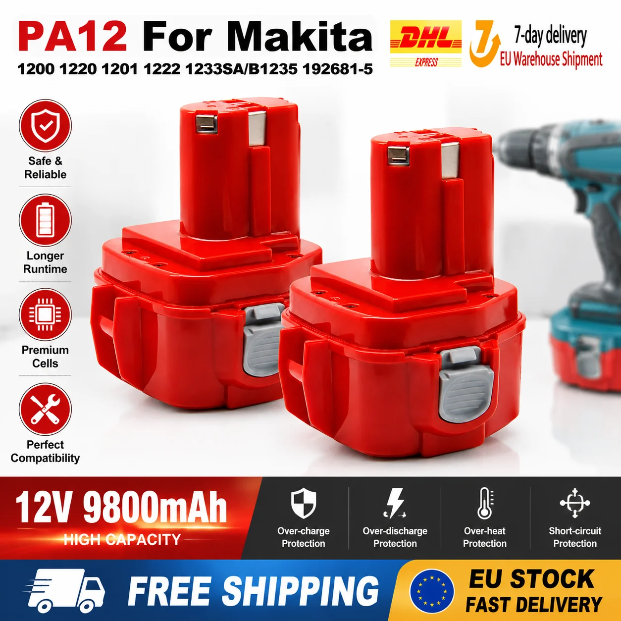 Batterie de remplacement Ni-MH haute capacité 9,8 Ah, sortie stable 12 V spécialement conçue pour les outils électriques sans fil Makita 12 V. Substitut parfait pour les batteries d'origine PA12, 1220, 1222, 1233, 1235, aucune modification requise pour l'installation.