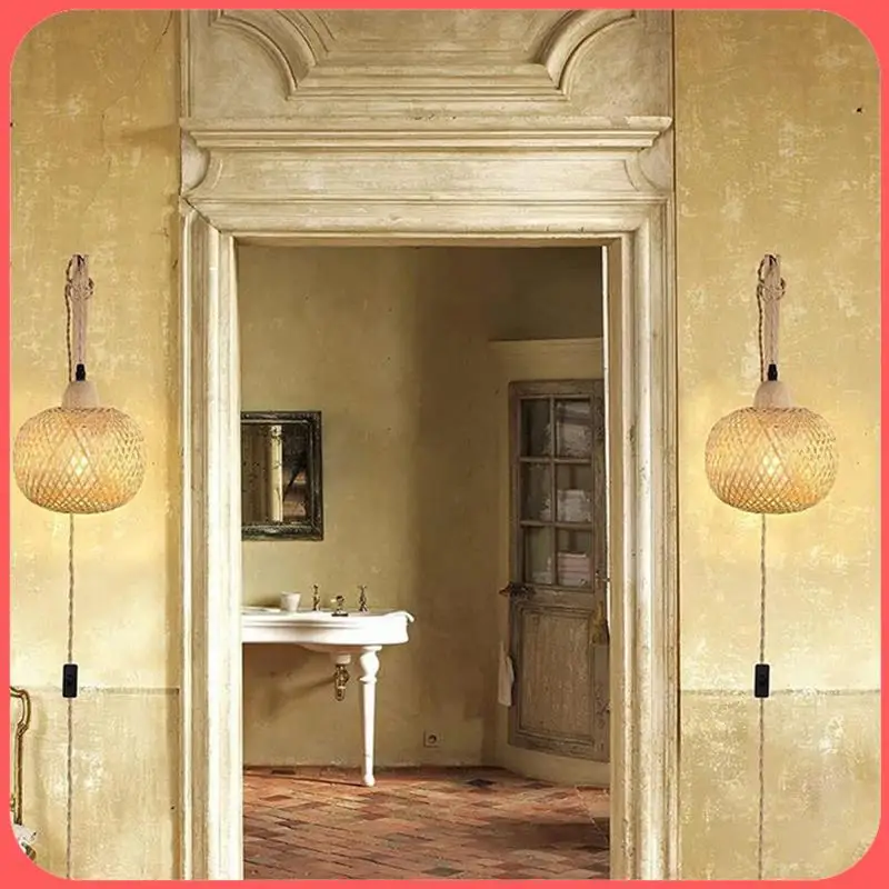 

AA89-Retro Japanese Style Bamboo Bedside Wall Lamp Restaurant Rattan Lampmine Bedroom Background Wall Lamps US Plug