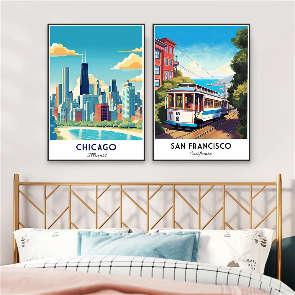 طباعة فنية جدارية ملونة من كاليفورنيا سيتي سكيب لديكور غرف النوم ، طباعة أفق سان أنجلوس ، لوحة قماشية للمناظر الطبيعية ، ملصق السفر #3