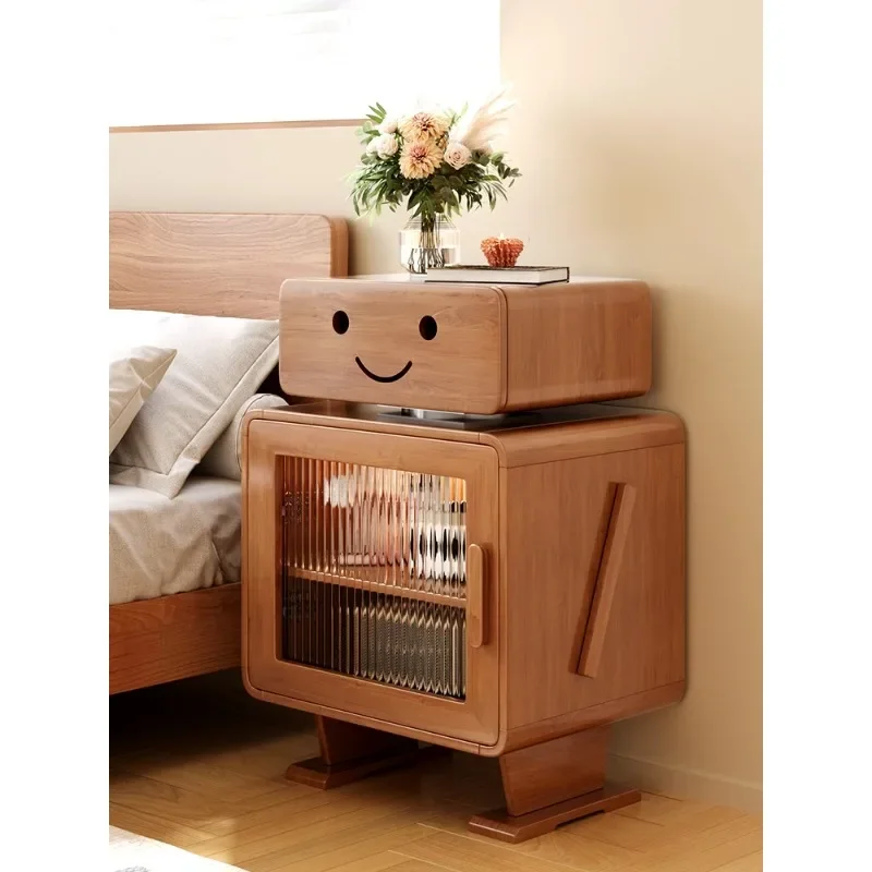 Innovative and Versatile Robot Bedside Cabinet in Natural Walnut Wood for Creative and Elegant Home Storage