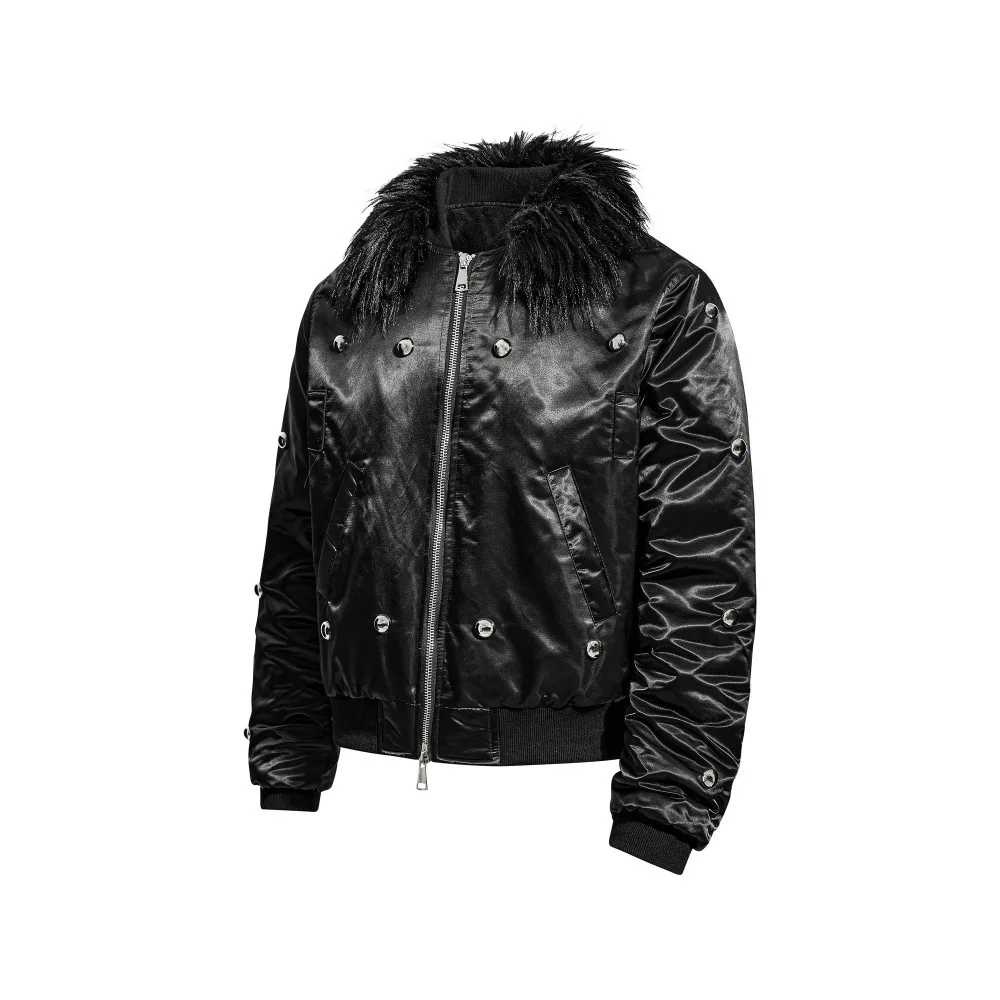 معطف مبطن بياقة من الفرو للرجال بتصميم معدني ثقيل، سترة هيب هوب عصرية بسحاب مزدوج للرجال