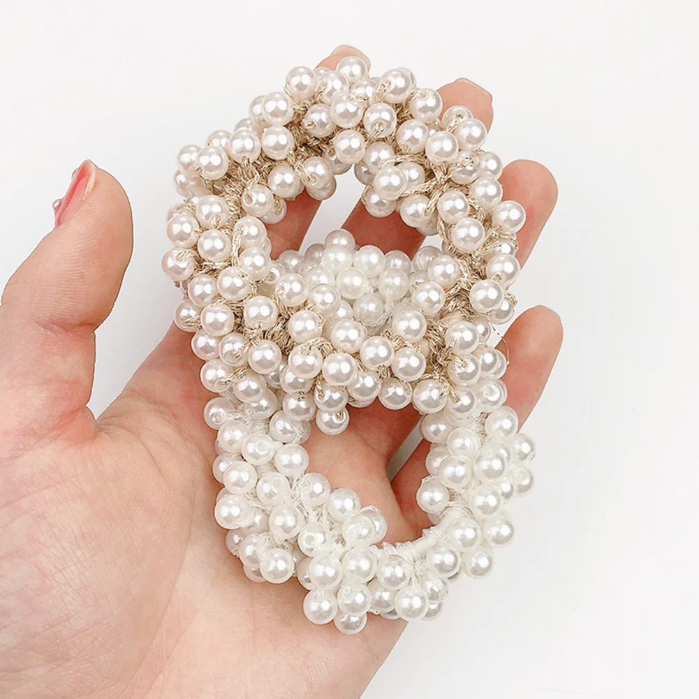 Girls Scrunchies Luxury Big Elegant White Pearl Hair Ties Beads Rubber Bands Ponytail Holders Hair Accessories Elastic Hair Band