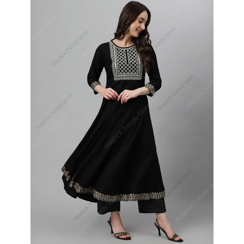 Indian Pakistani Women Black Rayon Kurta Pant Set with Dupatta Ethnic Embroidery 3 Piece Suit Traditional Anarkali Salwar Kameez - view 2