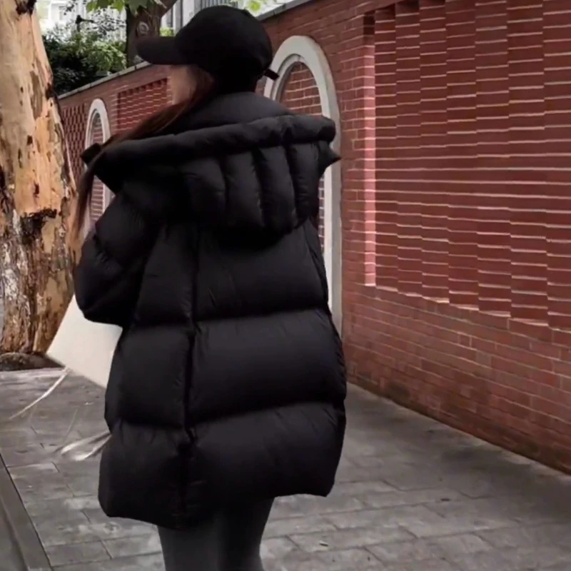 Moda estilo coreano puff jaqueta, inverno meados de longo com capuz solto pato branco para baixo jaqueta quente, 2024 novo modelo