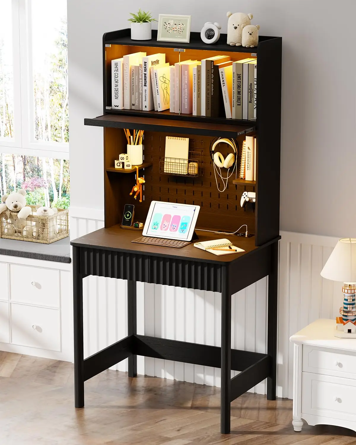 Small Computer Desk with Power Outlets, Hutch, Drawers, LED Lights, Glass Door, Pegboards, 66.3