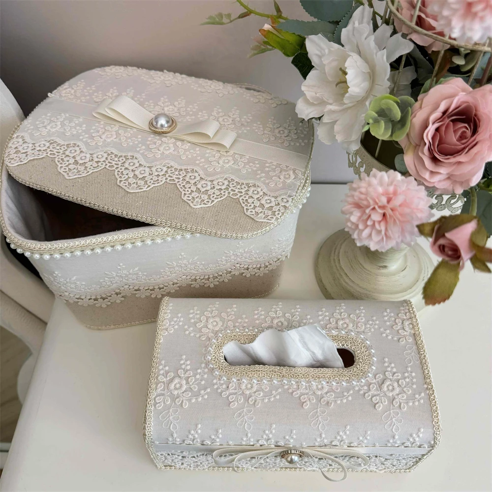 European Lace Storage Box Home Desktop Organizer Tissue Box Storage Basket Beige Bow Decoration Miscellaneous Storage Box