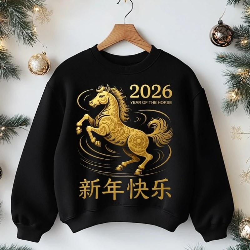 

Year of The Gold Horse 2026 Lunar New Year PNG Matching Hoodies Autumn and Winter Long Sleeve Keep Warm Adult Sweatshirt
