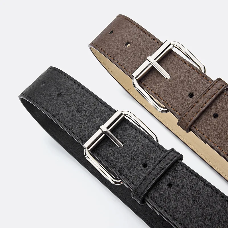 أحزمة الديكور برشام للنساء مشبك معدني بسيط 105 سنتيمتر بلون بولي PU 3.8 سنتيمتر أحزمة واسعة