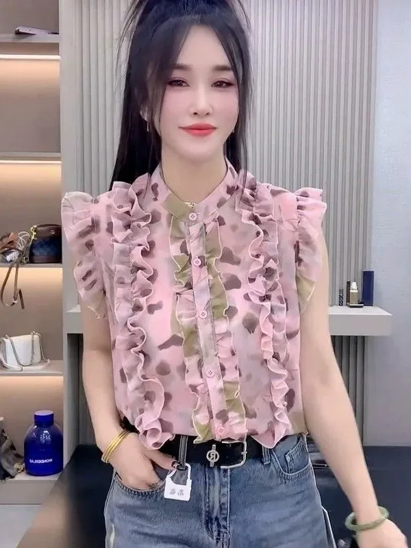 Retro Splicing Dyed Print Wood Grain  Women's Shirt Summer Versatile Elegance Fly Sleeve Blouse European Design Sense