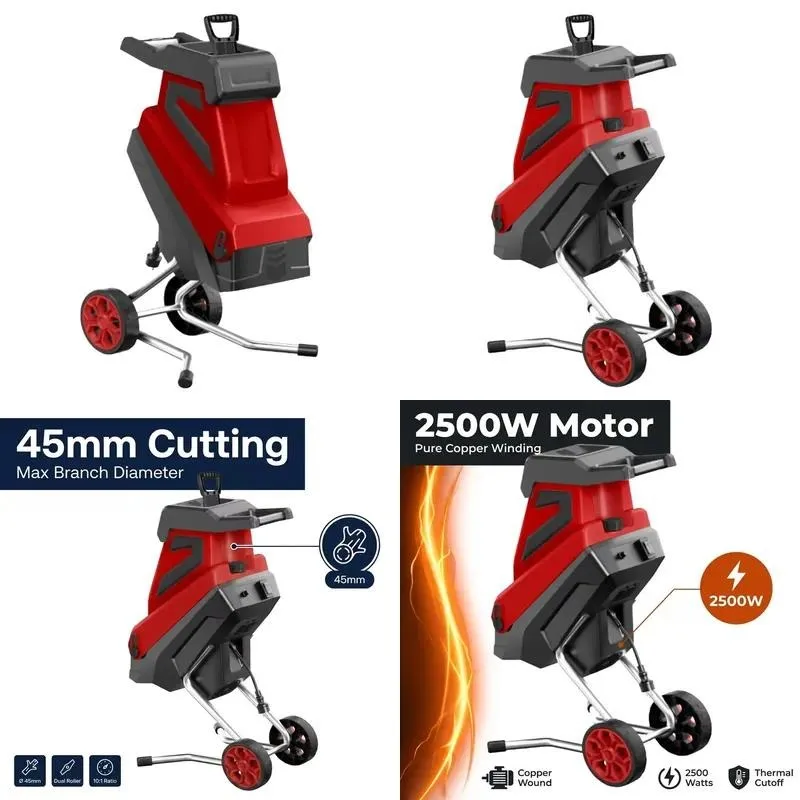 2500W Electric Branch Shredder Portable 45mm Cutting Capacity Wood Garden Shredder with 50L Collection Bag