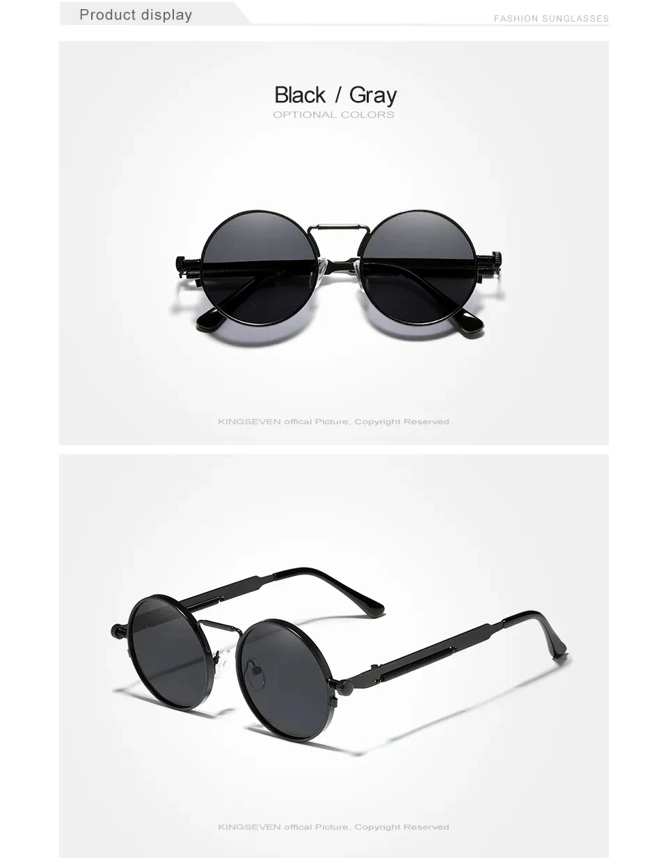 KINGSEVEN Gothic Steampunk Sonnenbrille Polarisierte Hohe Qualität Männer Marke Designer Vintage Runde Edelstahl Rahmen Brillen – Detail 3