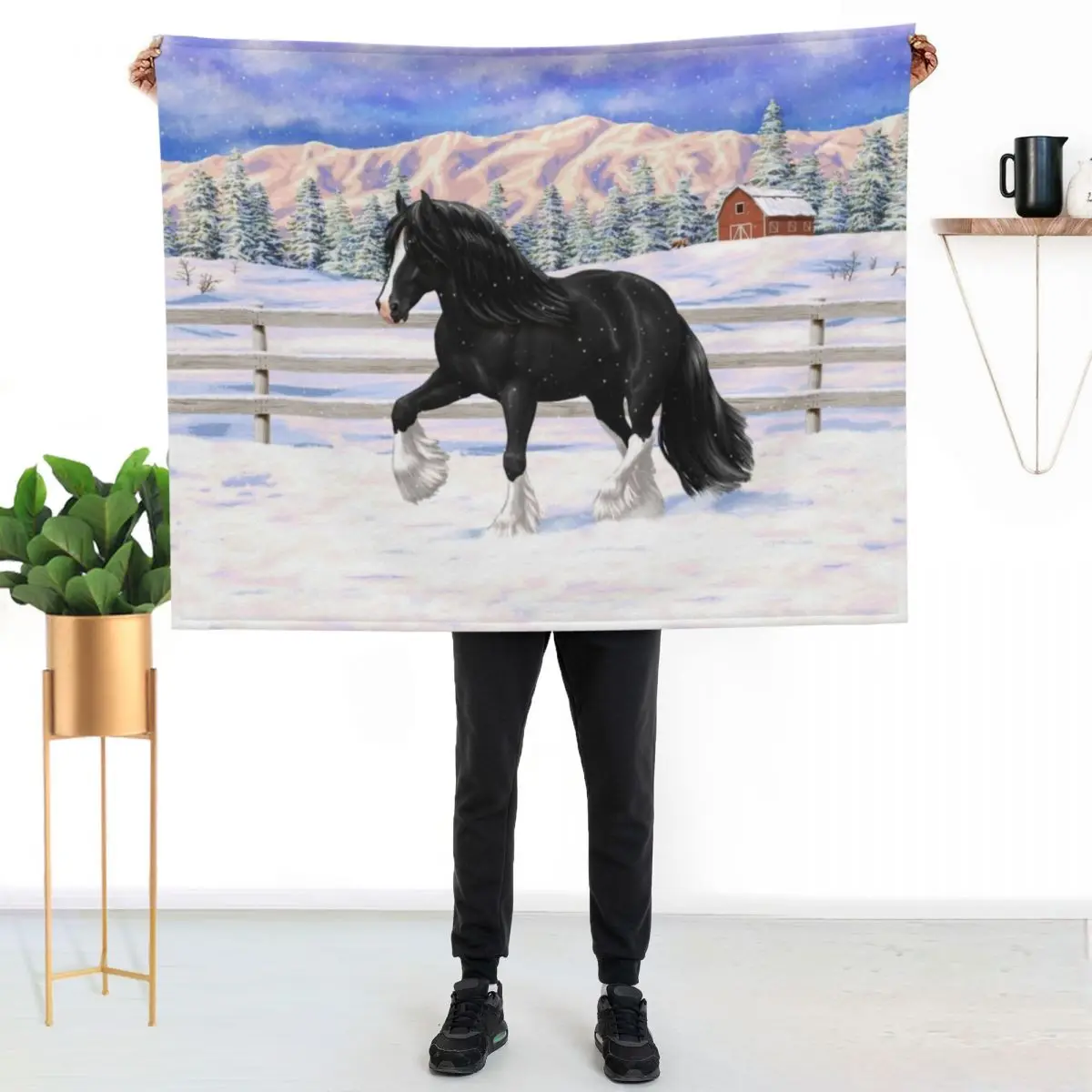 Black & White Gypsy Vanner Draft Horse In Snow Throw Blanket christmas gifts warm winter Decoratives Beautifuls Blankets