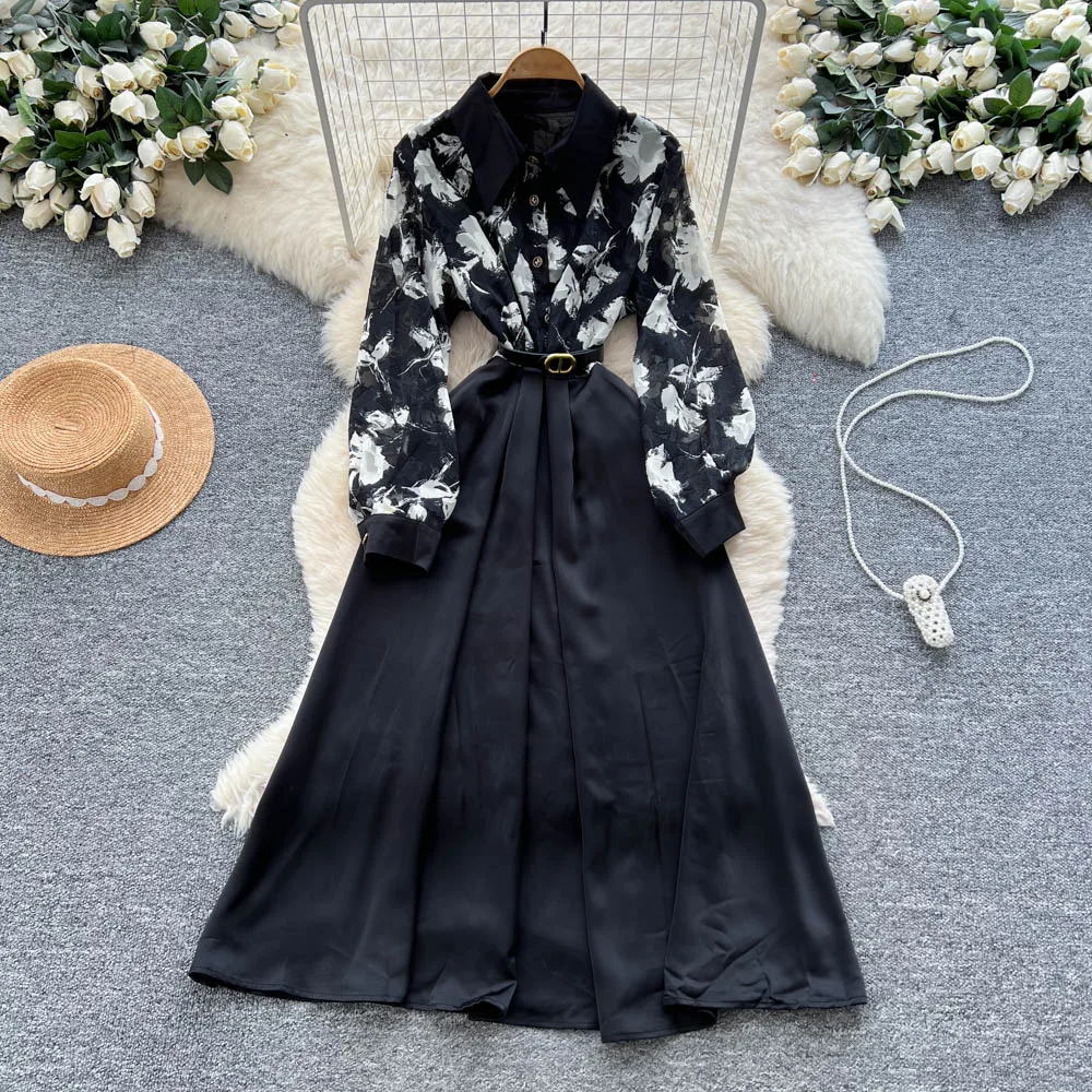 vintage Elegant satin print long sleeve dress Chic Vestidos Women Fashion Retro Party ceremony dresses