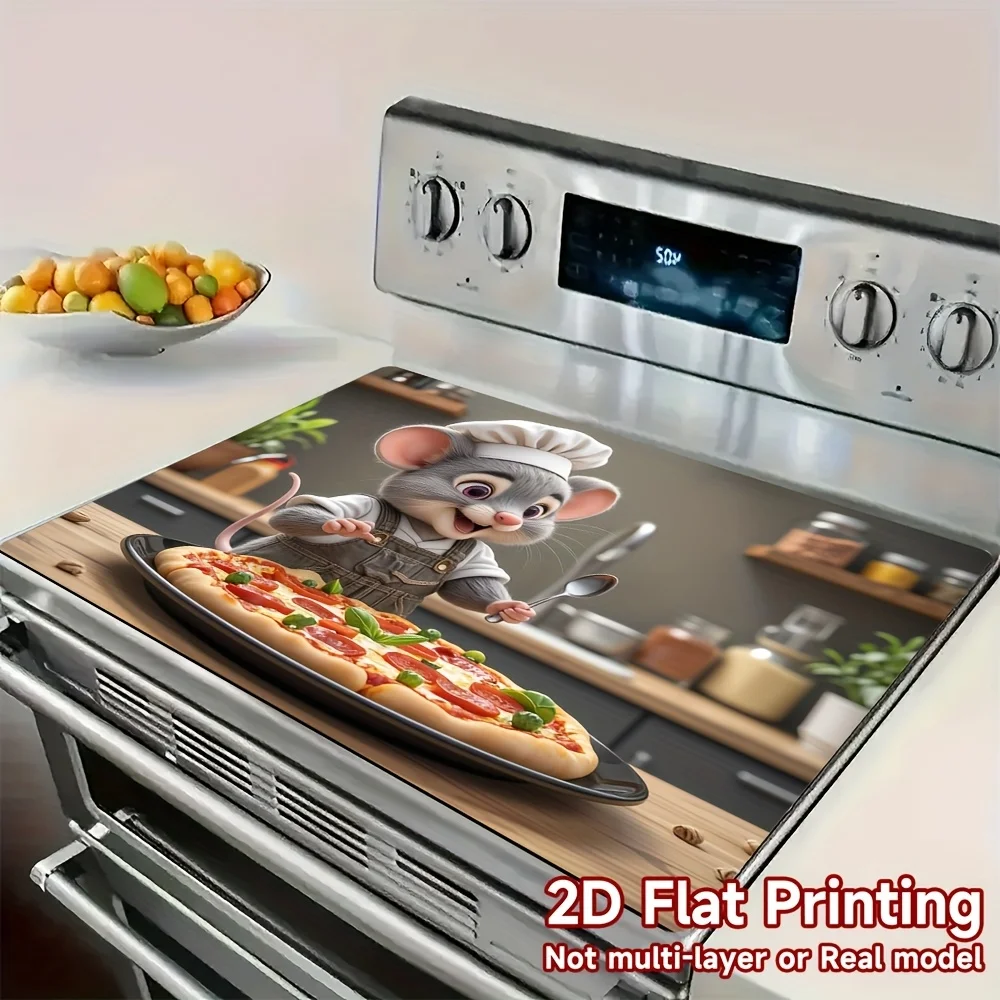 Funny Mouse Chef Pizza Stove Top Cover, Non-Slip Kitchen Mat, Decorative Protector Pad for Gas Cooktop, Fun Kitchen Accessory