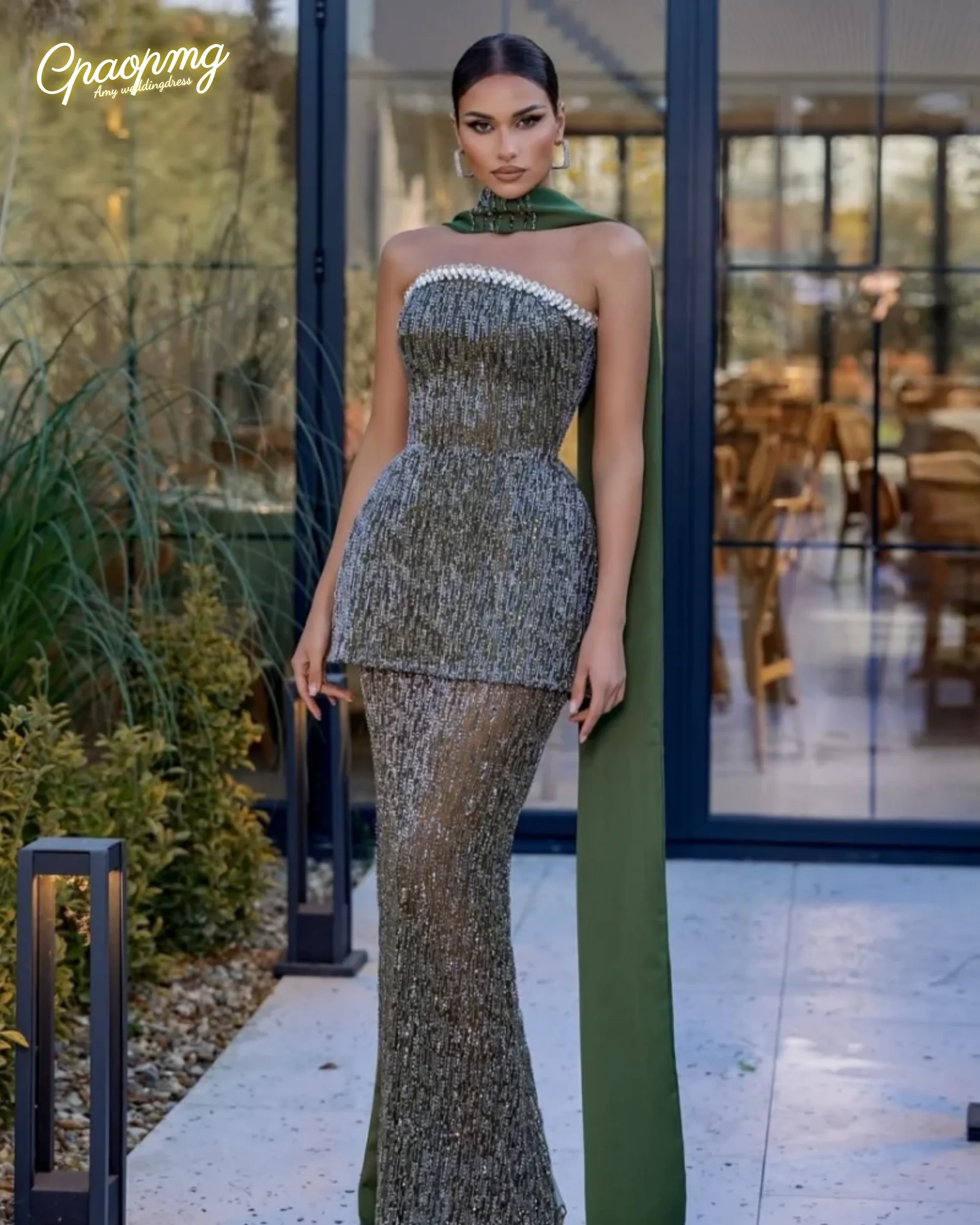 

Customized Gray Glitter Two-Piece Set Mermaid robes de soirée Strapless Evening Dresses Floor-Length Dress