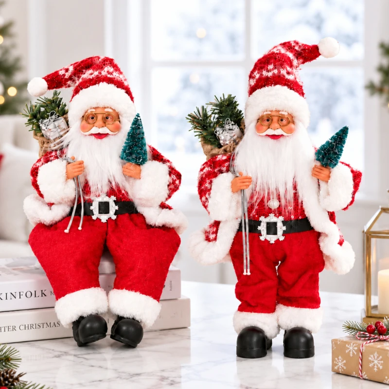 1Pcs 30cm Santa decoration ornament, sitting/standing Santa ornament with gift bag mini tree, Christmas home tabletop decoration