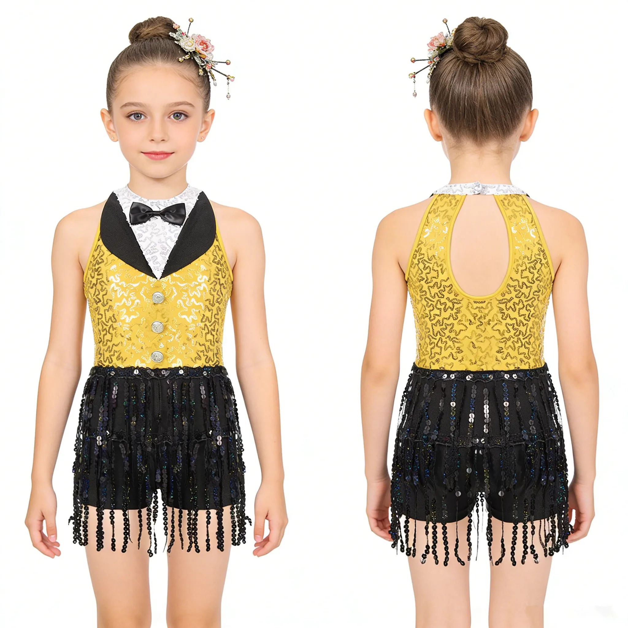 Kids Girls Latin Jazz Dance Performance Costume Sleeveless Shiny Sequin Tassel Cha-cha Samba Rumba Tango Ballroom Salsa Bodysuit