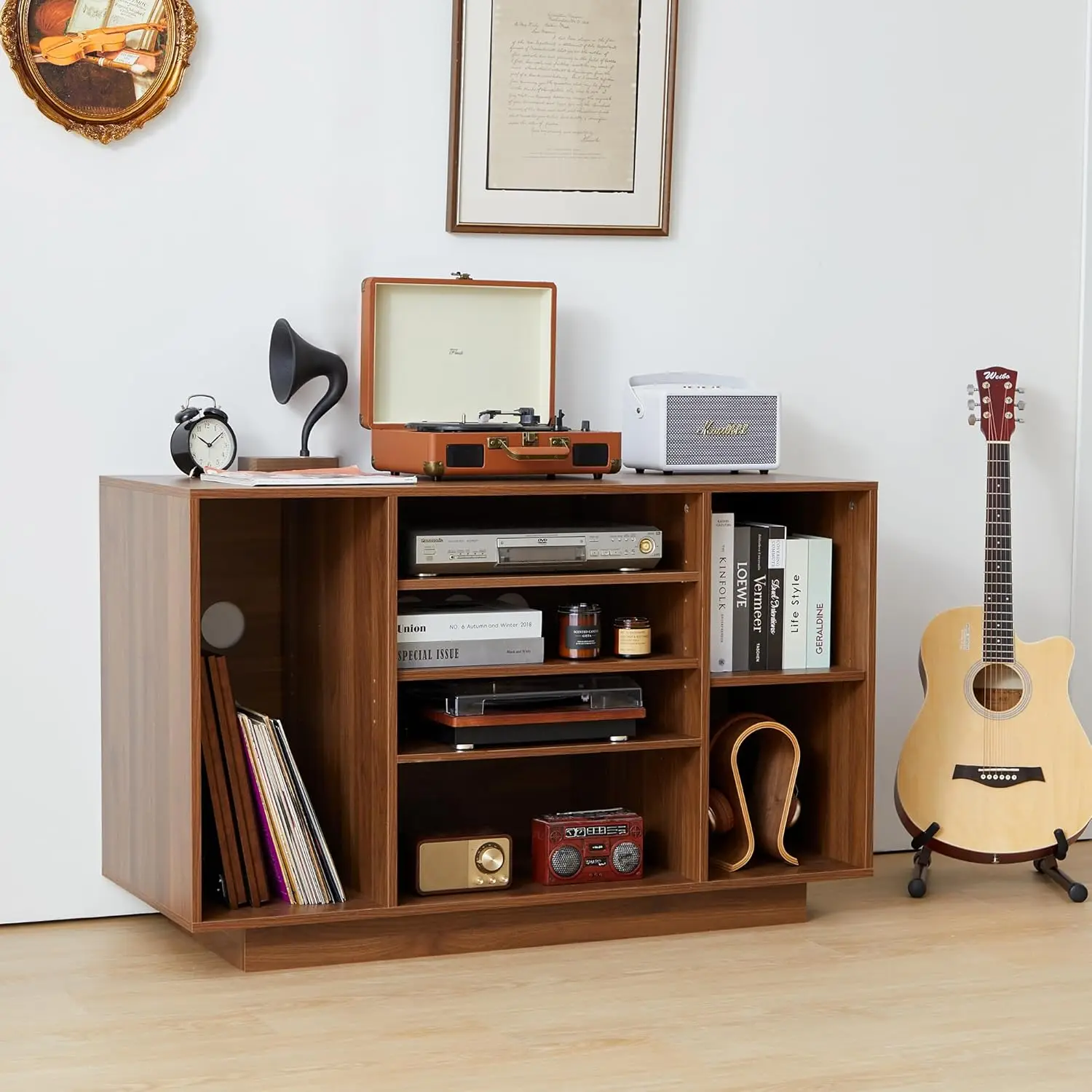 Large Vintage Record Player Table with 4 Adjustable Shelves,Vinyl Record Player Stand Audio-Video Media Cabinet for Up to350