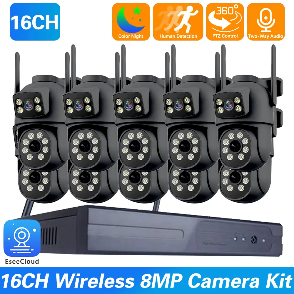 16CH EseeCloud Wireless CCTV WIFI NVR Surveillance Kit IP66 Waterproof Color Night Vision PTZ Camera Security IP PRO APP System