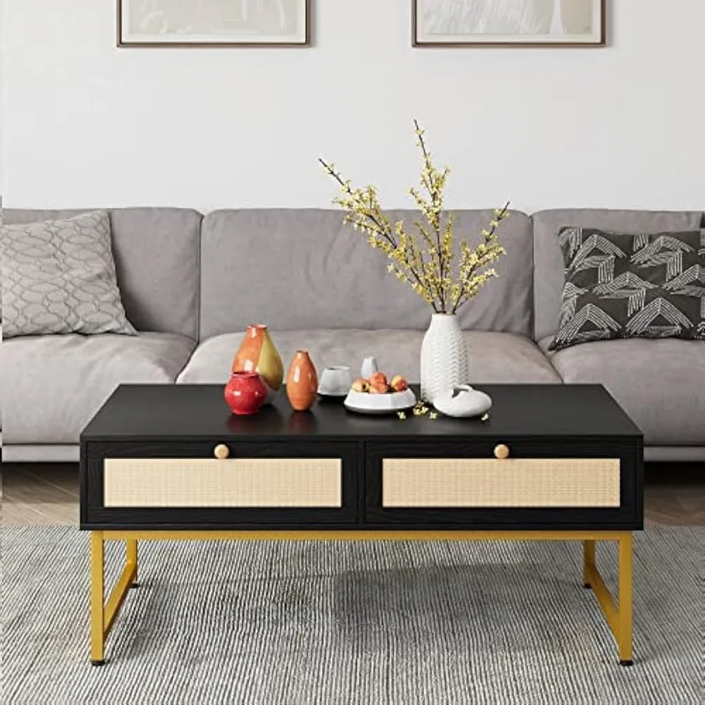 Coffee Table with Hidden Compartment and Storage Shelf, 45.66 Inch Coffee Table with Sliding PE Rattan Woven Door Panel and Sol