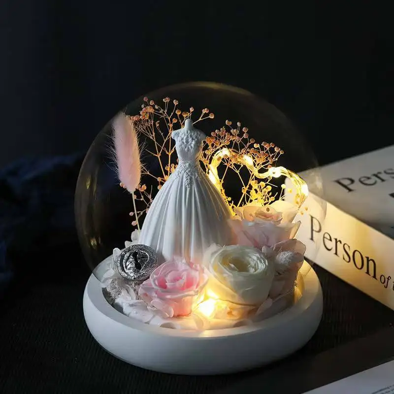 

Белое свадебное платье ко Дню святого Валентина, вечная роза из сухоцветов, подарок на предложение руки и сердца, на день рождения для девушки