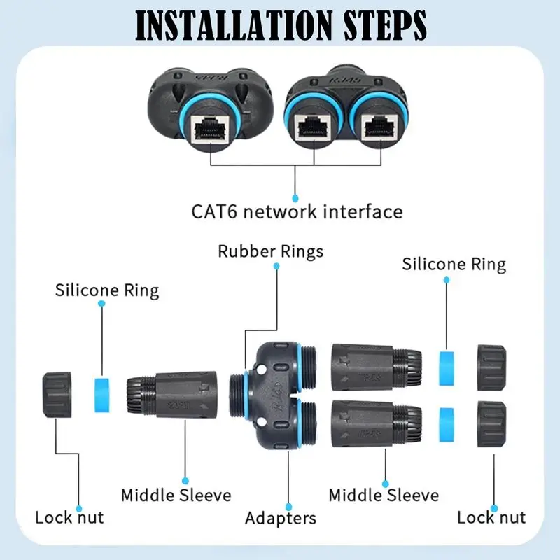 1/2 3-Way RJ45 3 Female Head IP68 Waterproof RJ45 8P8C CAT6 Gigabit Ethernet Cable Connector 1 In 2 Out Splitter